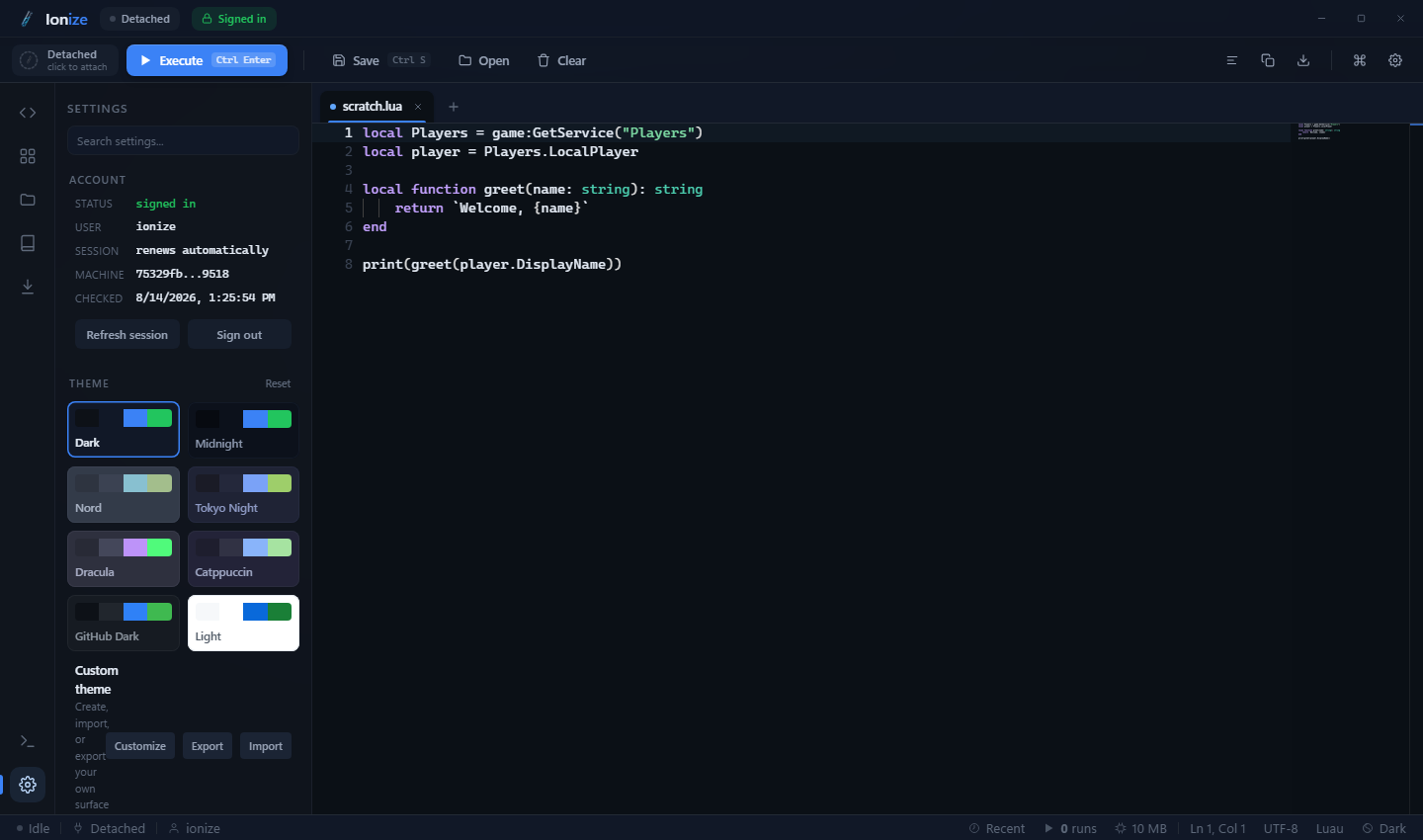 Current Ionize editor workspace in the Dark appearance with the blue accent